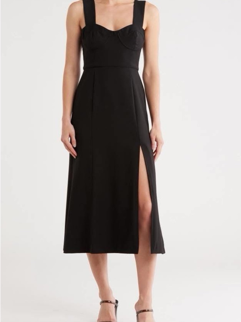 Hutch Black Midi Dress with Sweetheart Neckline and Side Slit